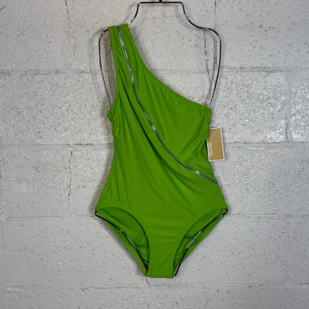 Michael Kors Women's Zip Front 1 Shoulder 1 Piece Swimsuit, Green Apple 10 $142